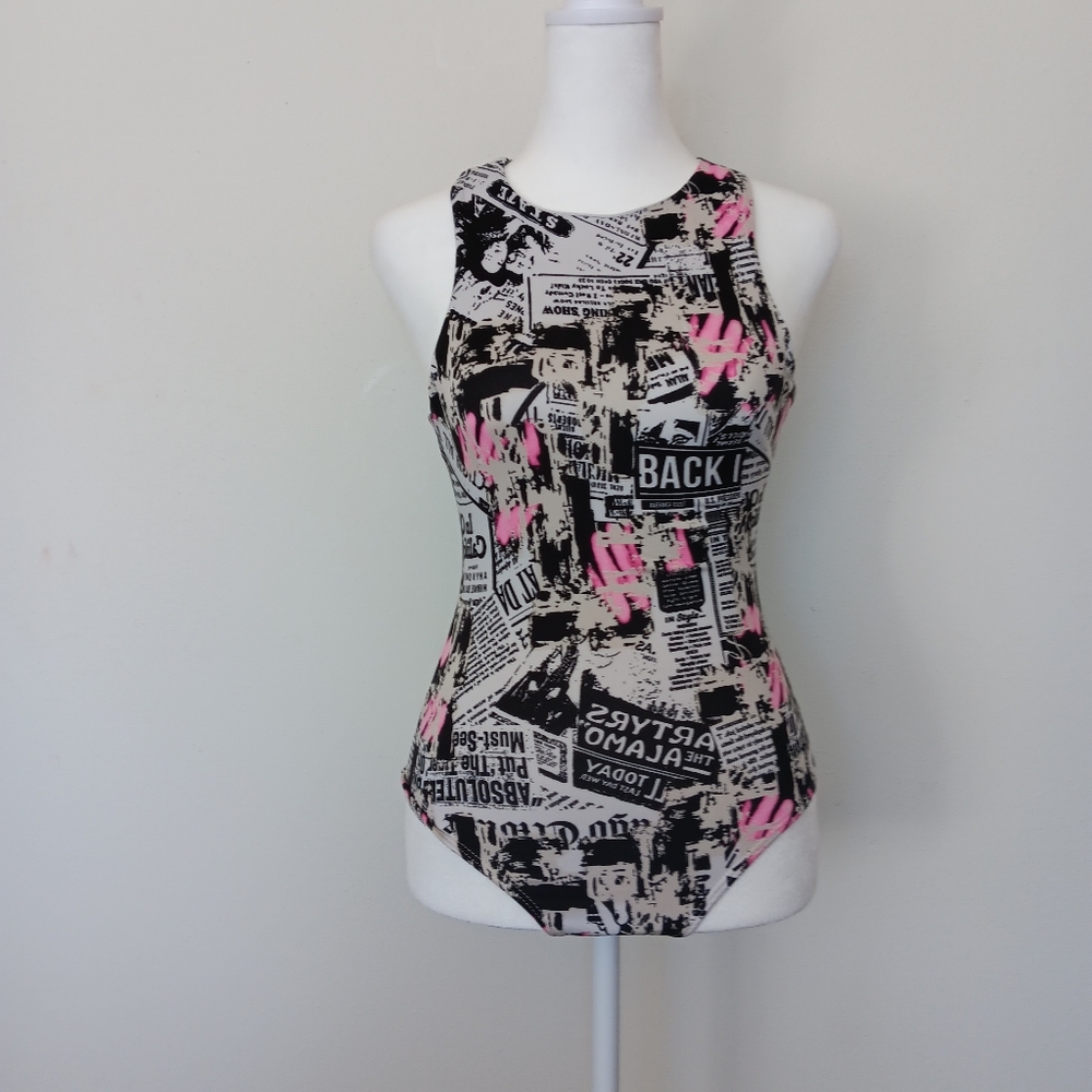 patchwork newspaper futuristic sleeveless bodysuit